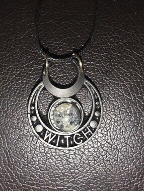 Witch Charm Pendant With Center Gemstone On 18" Cord Necklace